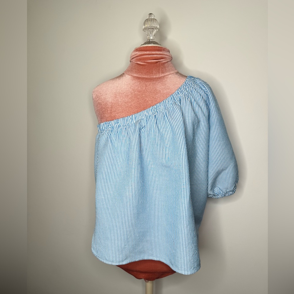 Loft Linen blend Striped One-Shoulder Top Blue White Women’s Size Large - Picture 4 of 12